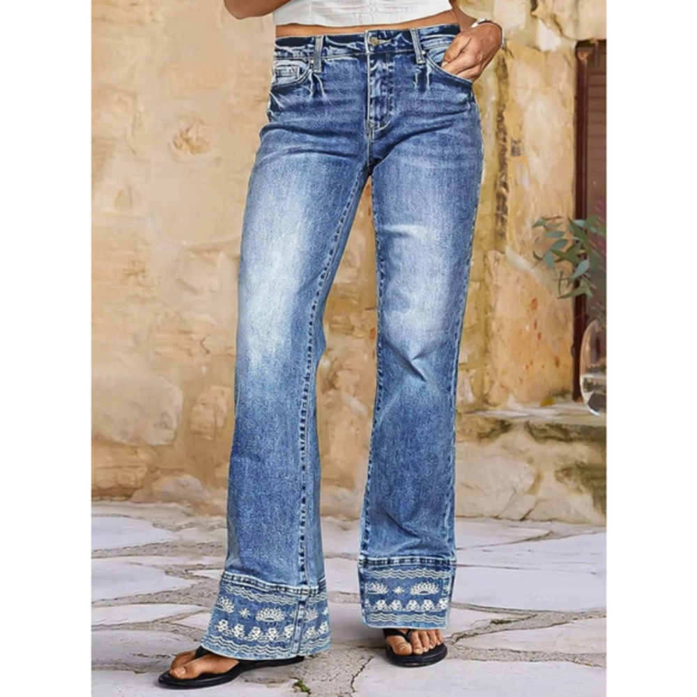 Flamingals Mid Rise Bootcut Jeans for Women with Embroidery Hem Stretchy Wash xl